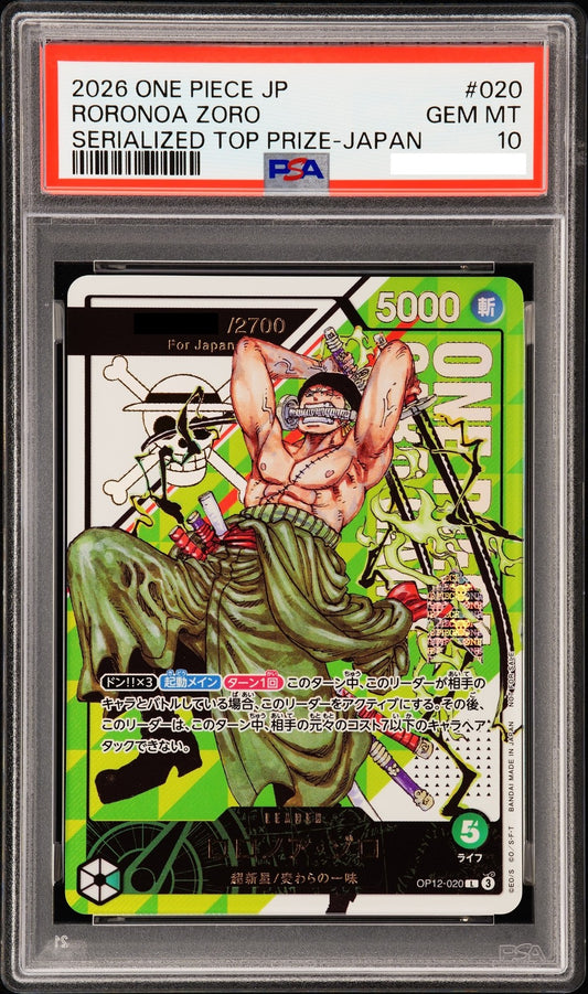 PSA 10 Zoro Serial Number OP12-020 Flagship Battle 2026 Top Prize Promo Japanese0